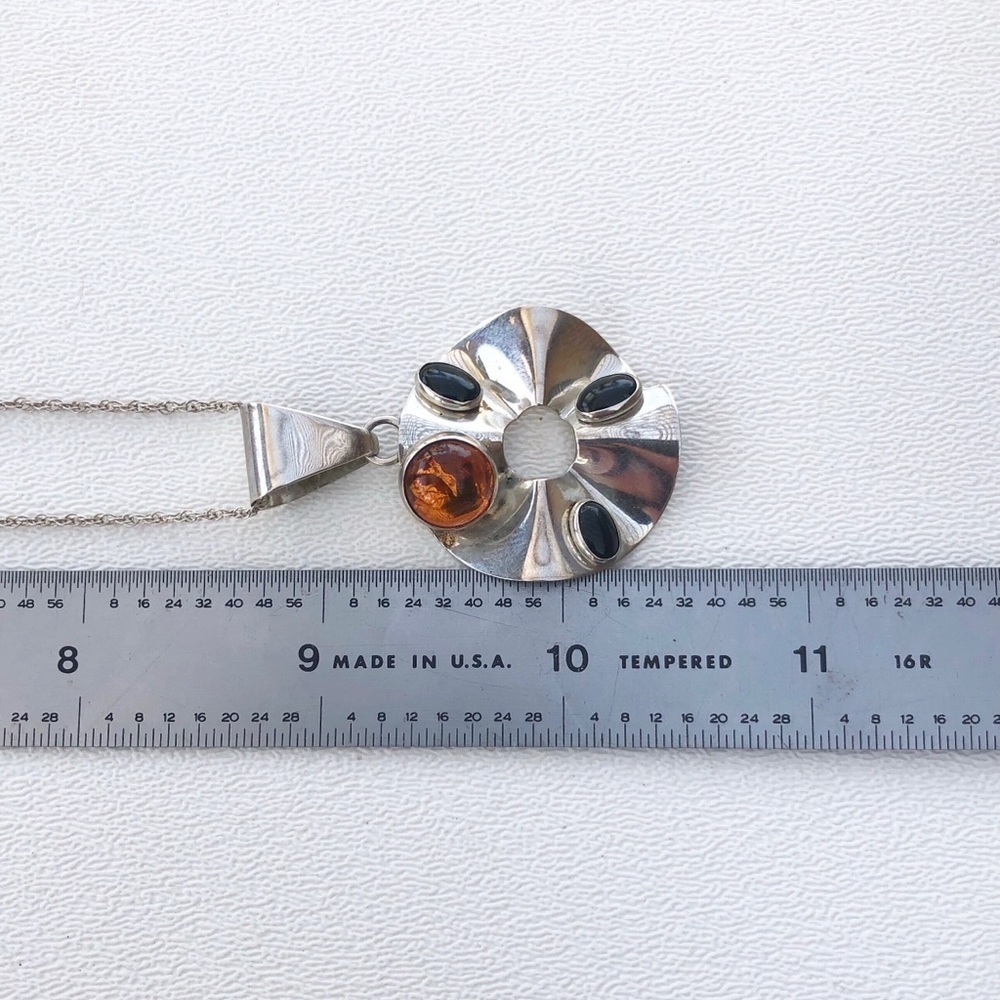 Sterling Siver Necklace Pendant Circle Disc Amber - Picture 7 of 7